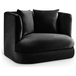 Meridian Furniture - Alder Upholstered Chair, Black, Velvet, Accent Chair - The Alder black velvet upholstered accent chair is an invitation to relax. Its rounded silhouette and soft velvet upholstery create a cozy and inviting space, perfect for curling up with a good book or simply unwinding after a long day. Whether you're entertaining guests or enjoying a quiet moment alone, this accent chair is the ideal place to unwind.