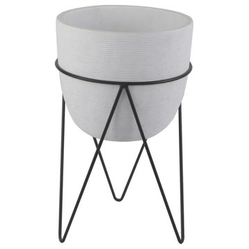 12.5" Tall Cement Planter On Stand, White/Black