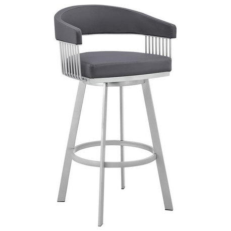 Armen Living Chelsea 26" Faux Leather Counter Stool in Gray/Stainless Steel