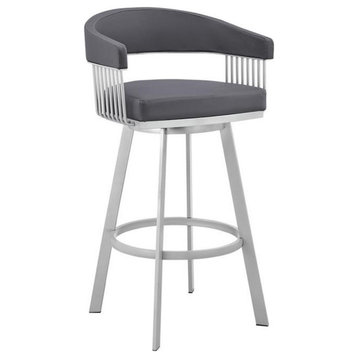 Armen Living Chelsea 26" Faux Leather Counter Stool in Gray/Stainless Steel