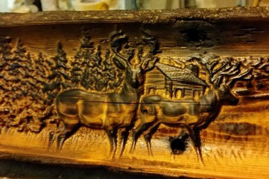 Carved Fireplace Mantel on Reclaimed Barn Beam