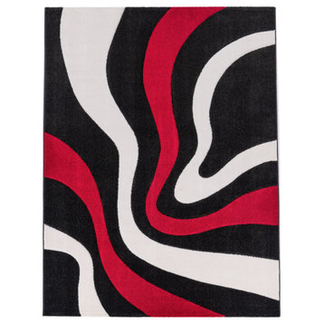 Modern Area Rug With Wave Pattern, Red Black, 2'8"x9'10"