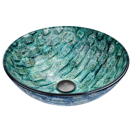 VIGO Giovanni 17"L x 17"W x 6"H Glass Round Vessel Bathroom Sink, Patterened Teal