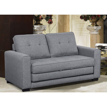 Contemporary Sleeper Sofa, Linen Seat With Elegant Square Tufting, Light Grey