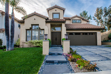 Inspiration for a contemporary double front door remodel in Orange County with a dark wood front door