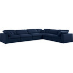 Meridian Furniture - Serene Linen Textured Fabric Deluxe Comfort 6-Piece L-Shaped Sectional, Navy - There's lots to love about the Serene linen textured deluxe cloud-like comfort modular collection, and this six-piece set is not an exception. The soft navy linen textured fabric is cozy and sleek to the touch while the overstuffed down/feather cushions provide gentle support so you can relax and unwind like a VIP. Customize your seating with this modular set by adding the pieces you like most. Latches under each piece make it easy to snap them into position for a look that's modern yet welcoming.