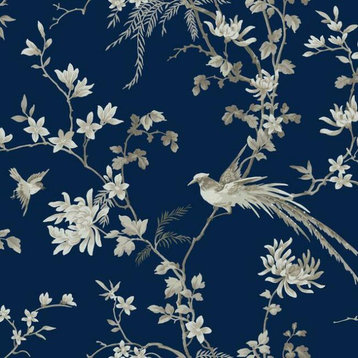 KT2171 Bird And Blossom Chinoserie Blue Off White Botanical Non Woven Wallpaper