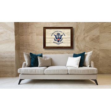US Coast Guard Military Textured Flag Print With Brown Gold Frame, 23"X33"