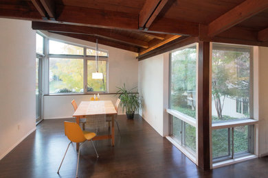 Example of a mid-sized 1950s medium tone wood floor and brown floor kitchen/dining room combo design in DC Metro with white walls, a wood stove and a brick fireplace