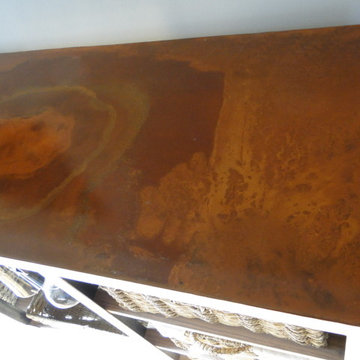 steel buffet table with patina and walnut shelves