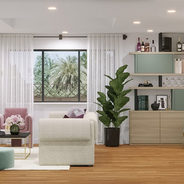 Modern Living Room And Kitchen With Purple and Mint Accents