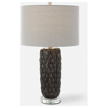 Luxe Succulent Leaf Design Ceramic Table Lamp 27 in Cylinder Shape Mushroom Gray