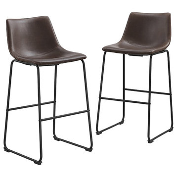 Set of 2 Counter Stool, Metal Frame With Armless Faux Leather Seat, Brown Finish