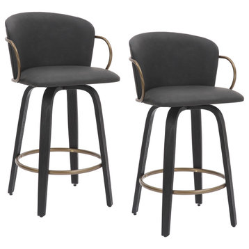 Mid-Century Faux Leather 26" Swivel Counter Stool, Set of 2, Charcoal