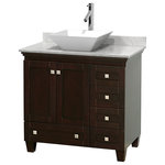 Wyndham Collection - Acclaim Espresso Vanity, 36", Pyra White Porcelain, White Carrera Marble - Sublimely linking traditional and modern design aesthetics, and part of the exclusive Wyndham Collection Designer Series by Christopher Grubb, the Acclaim Vanity is at home in almost every bathroom decor. This solid oak vanity blends the simple lines of traditional design with modern elements like beautiful overmount sinks and brushed chrome hardware, resulting in a timeless piece of bathroom furniture. The Acclaim is available with a White Carrara or Ivory marble counter, a choice of sinks, and matching Mrrs. Featuring soft close door hinges and drawer glides, you'll never hear a noisy door again! Meticulously finished with brushed chrome hardware, the attention to detail on this beautiful vanity is second to none and is sure to be envy of your friends and neighbors