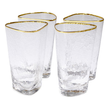 Elegant Hammered Art Drinking Glass Set of 4 Highball Gold Rim Modern Asymmetric