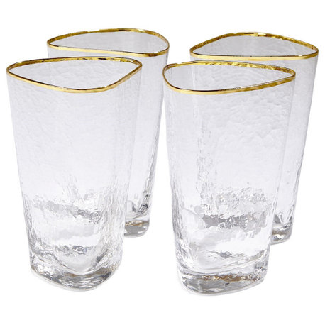 Elegant Hammered Art Drinking Glass Set of 4 Highball Gold Rim Modern Asymmetric