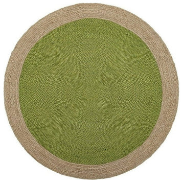 Farmhouse Area Rug, Round Jute Design With Inner Green & Natural Boundary, 7'