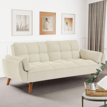 Unique Comfortable Futon, Square Stitched Seat & Curved Padded Arms, Beige