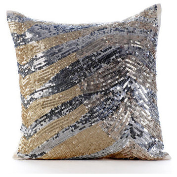 Gold Metallic Sequins 14"x14" Silk Throw Pillows Cover, Glitter Glare