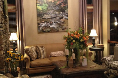 Large transitional formal and open concept ceramic tile living room photo in Other with yellow walls, a two-sided fireplace, a stone fireplace and no tv
