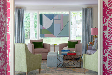 Inspiration for a large eclectic open concept medium tone wood floor and brown floor living room remodel in Richmond with beige walls, a two-sided fireplace and a brick fireplace