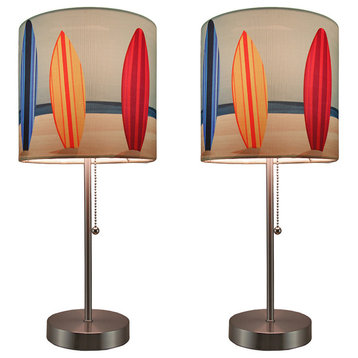 Set of 2 Stainless Steel Table Lamps w/ Decorative Surfboard Shades