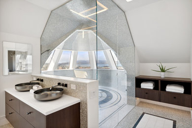 Large ornate beige tile and mosaic tile beige floor, double-sink and vaulted ceiling corner shower photo in San Francisco with flat-panel cabinets, dark wood cabinets, marble countertops, a hinged shower door, white countertops, a niche and a built-in vanity