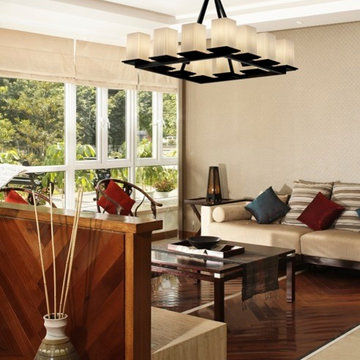 Fusion Montana Ring Chandelier Tall, Square With Flat Rim, Ribbon Glass in Livin