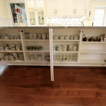 White Cabinets, Grey Countertops and Edgy Tile Backsplash
