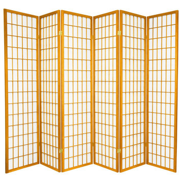 Modern Classic Room Divider, Window Pane Rice Paper Screens, Honey/6 Panels
