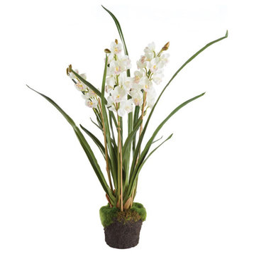 Luxe White Cymbidium Orchid Faux Floral Artificial Plant 36 in Drop In Flowers