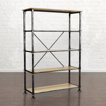 Industrial Bookcase, Pipe Metal Frame With Natural Wooden Shelves, Sand Black