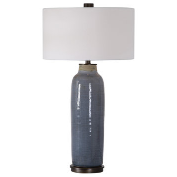 Classic Slate Blue Oil Rubbed Bronze Cylinder Lamp | White Shade Round Coastal