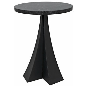 Noir Hortensia Round Industrial Side Table, Black Metal & Marble, 18" Dia.