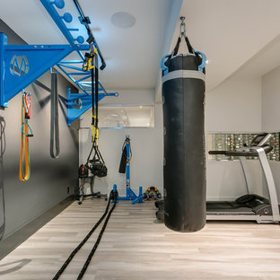 トロントの小さいコンテンポラリースタイルのおしゃれな多目的ジム (グレーの壁、磁器タイルの床、ベージュの床) の写真