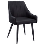 Monarch Specialties - Upholstered Dining Chair, Pu Leather Loo,, Set of 2, Black/Black Metal - You'll want to remain seated at the table in these supremely comfortable upholstered dining chairs in a black leather-look fabric. With vertical channel tufting for a luxurious feel, the padded back and sides curve around the seat and slope down to form low, integrated armrests. The cushioned seat is deep and generously padded for ultimate support. Angled and tapered black metal legs add a modern look. Sold as a 2-piece set, these stylish chairs are ideal for an eat-in kitchen or formal dining room, or as accent chairs in other rooms.