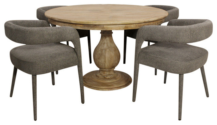 Jenna 48" Round Dining Set with 4 Galway Chairs in Modern Gray Linen ...