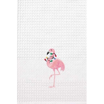 Tropical Pink Flamingo Christmas Lights Embroidered Waffle Weave Kitchen Towel