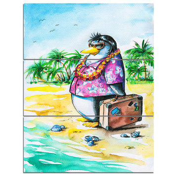 "Penguin Enjoying Holidays on Beach" Cartoon Print, 3 Panels, 28"x36"