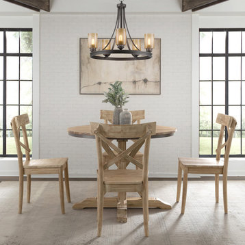 Farmhouse Dining Set, Round Table & 4 Chairs With Crossed Backrest, Beach