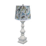 AHS Lighting - Austin Antique White Table Lamp With Shade, Hummingbirds - This 29"H table lamp features traditional turnings painted in a lightly distressed finish of white, ivory with touches of grey and black. The 14" drum shade has with an abstract hummingbirds pattern in various shades of blue, and green with touches of grey and black on a white ground. Beautiful as a pair in a bedroom or living room. A striking accent piece alone on a hall table.