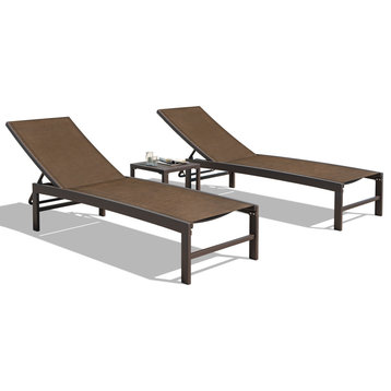 Patio Set Outdoor Aluminum Adjustable Chaise Lounge Chairs and Table Set, Brown