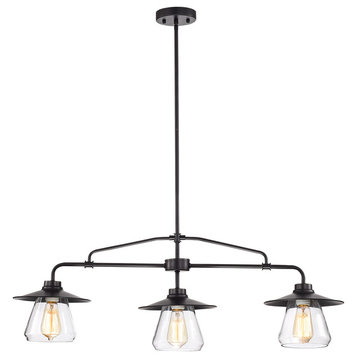 Temet Matte Black Linear 3-Lamp Chandelier With Hooded Glass Shades