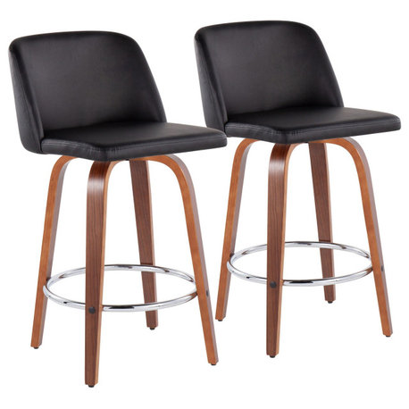 Toriano Fixed-Height Counter Stool, Set of 2, Walnut Wood, Black PU, Chrome