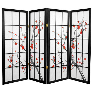 4 Panel Room Divider, Tall Design With Unique Cherry Blossom Rice Shades, Black