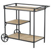 Benzara BM285235 Bar Cart, 3 Tiers, Fir Wood Shelves, Iron Frame, Black, Brown