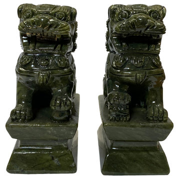 Pair Chinese Green Stone Foo Dog Lion Fengshui Figures 7" Hws2375