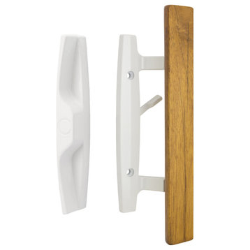 Lanai Sliding Glass Door Handle Set, Non-Keyed, Oak Wood Pull, White, 1-3/4" Thi