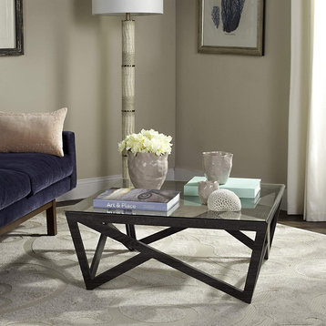 Transitional Coffee Table, Geometric Wood Base With Glass Top, Dark Grey & Clear